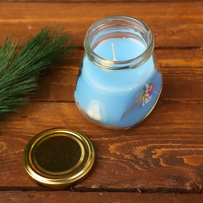 Свеча парафиновая в баночке "Снеговички микс" с деколью, голубая, 9,8х6,5х8,5см