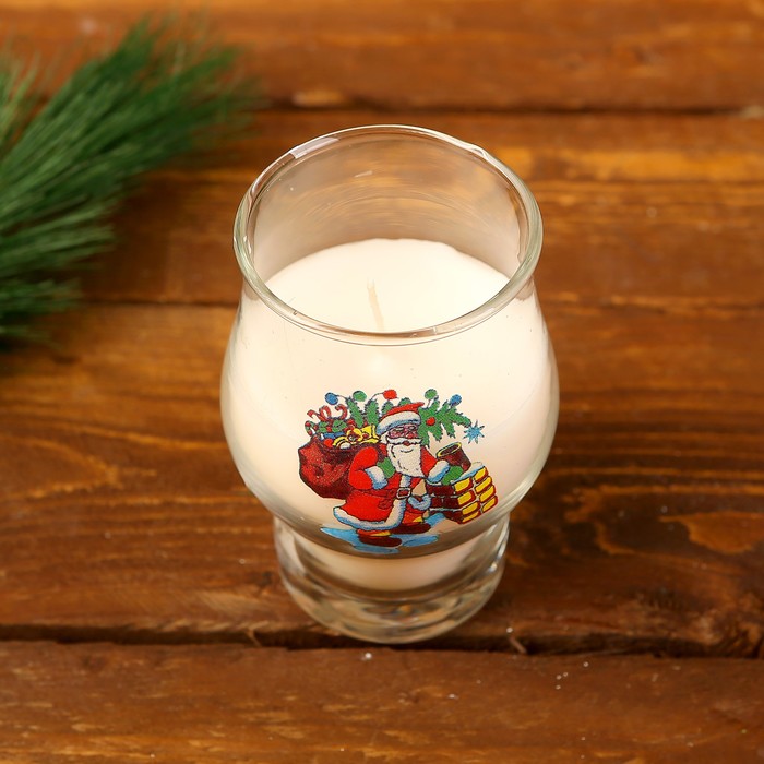 Свеча парафиновая в стекле "Новогодние радости" с деколью, белая, 7,5×10,8см