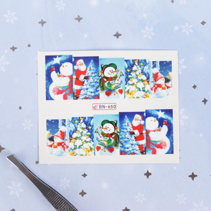 Слайдер-дизайн для ногтей "Дед мороз, снеговики", водный