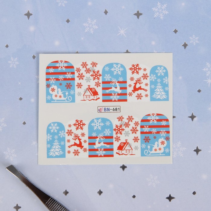 Слайдер-дизайн для ногтей "Олени, снежинки", водный