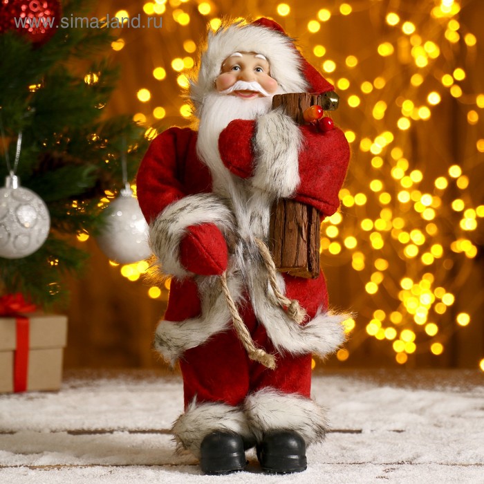 Дед Мороз В красной шубке, с брёвнышком 29 см дед мороз в красной шубке двигается 29 см с подарками