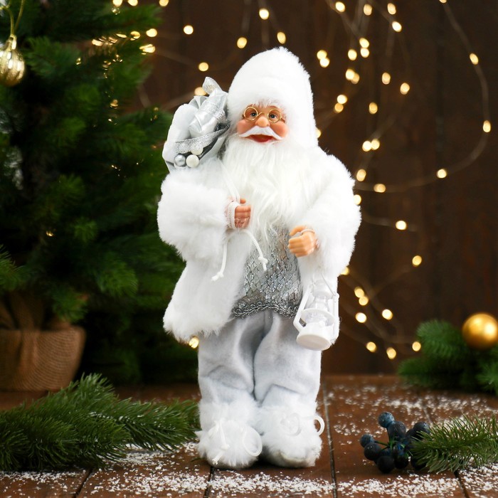 Дед Мороз В белой шубке, с фонариком и подарками 30 см игровые фигурки maxitoys дед мороз в розовой шубке с подарками и посохом 45 см