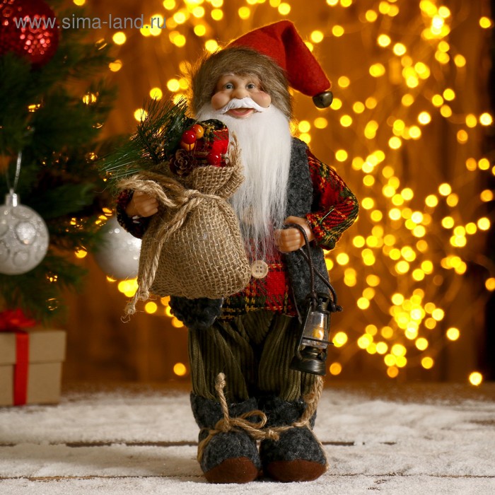 Дед Мороз В клетчатой шубке, с фонариком и мешком 30 см