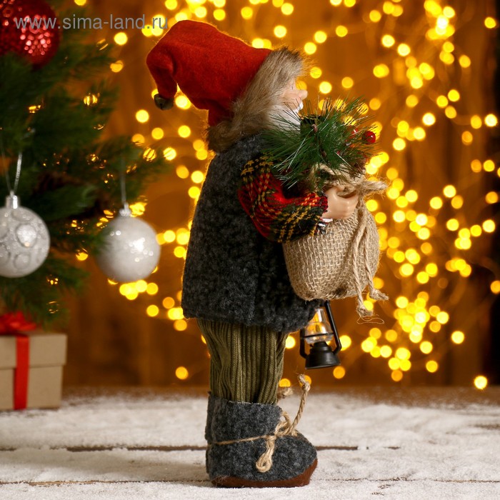 фото Дед мороз "в клетчатой шубке, с фонариком и мешком" 30 см зимнее волшебство