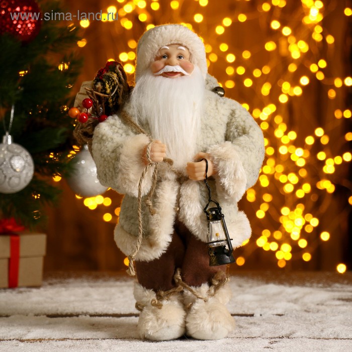Дед Мороз В белой шубке, с фонариком и мешком 30 см дед мороз в белой шубке в колпачке с фонариком двигается 17х40 см