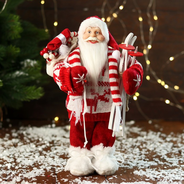 Дед Мороз В вязаном костюме, с лыжами и мешком 30 см