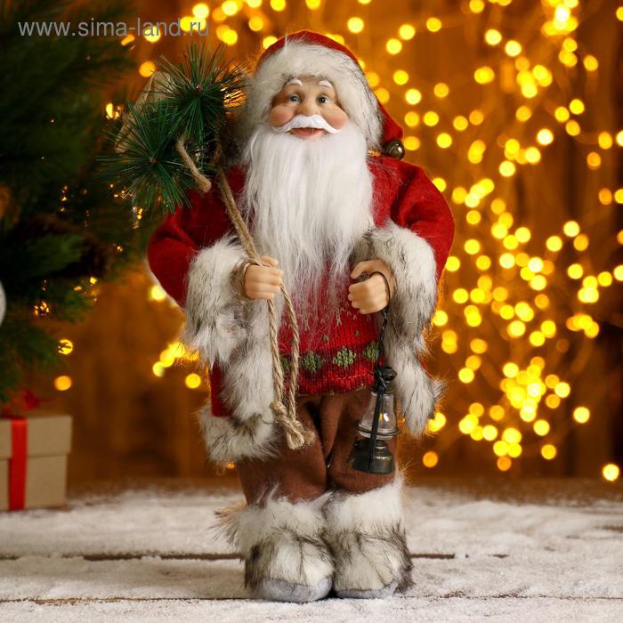 Дед Мороз В красной шубке, с фонариком и мешочком 30 см