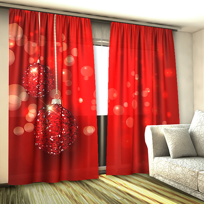 Фотошторы Красные шары 145х260 см 2 шт, габардин 160 гр/м, пэ 100%