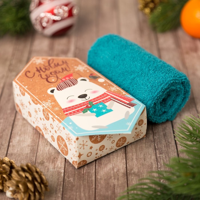 Махровое полотенце "С Новым годом, Мишка" 30х30 см, хлопок 340гр/м2