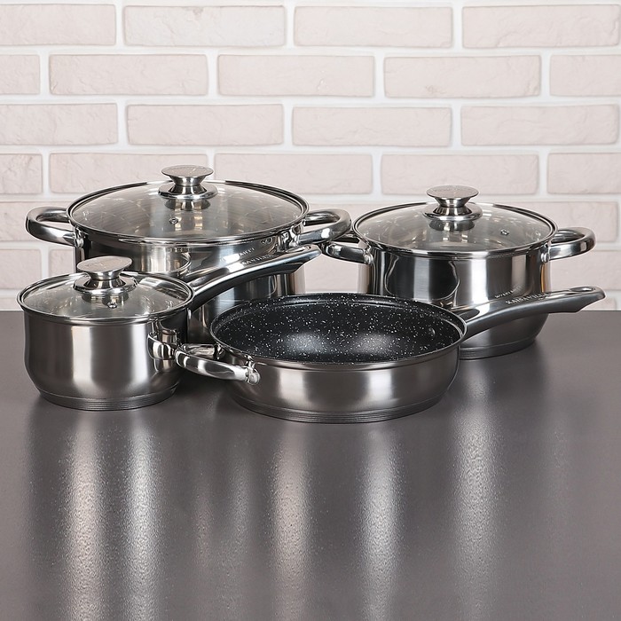 Набор посуды "Алия", 4 предмета: 2 кастрюли 3,4/5,8 л, ковш 1,9 л, сотейник с антипригарным покрытием 24х6,5 см, стеклянные крышки