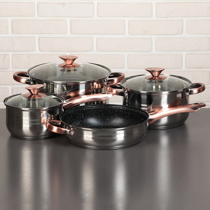 Набор посуды "Злата", 4 предмета: 2 кастрюли 3,6/6,1 л, ковш 1,9 л, сотейник с антипригарным покрытием 24х6,5 см, стеклянные крышки