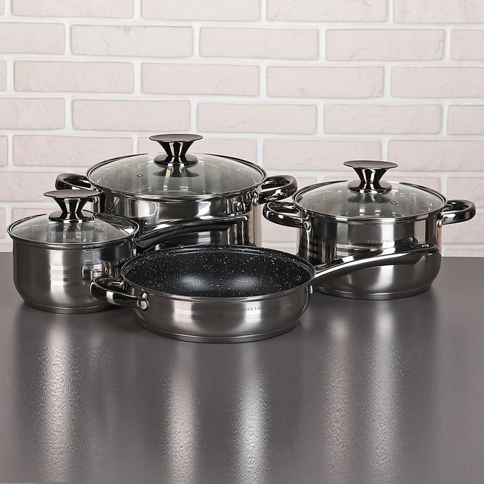 Набор посуды "Софи", 4 предмета: 2 кастрюли 3,6/6,1л, ковш 1,9 л, сотейник с антипригарным покрытием 24х6,5 см, стеклянные крышки