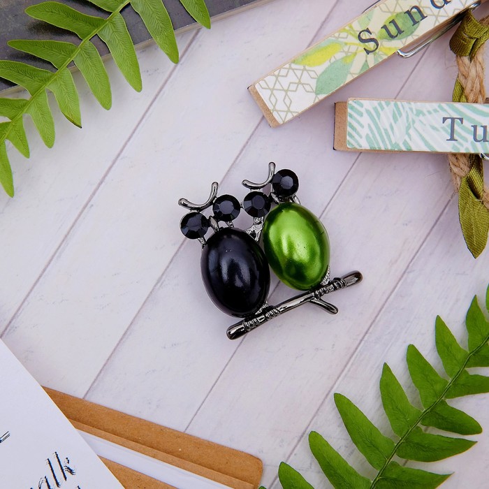 Брошь "Совушки", цвет черно-зеленый