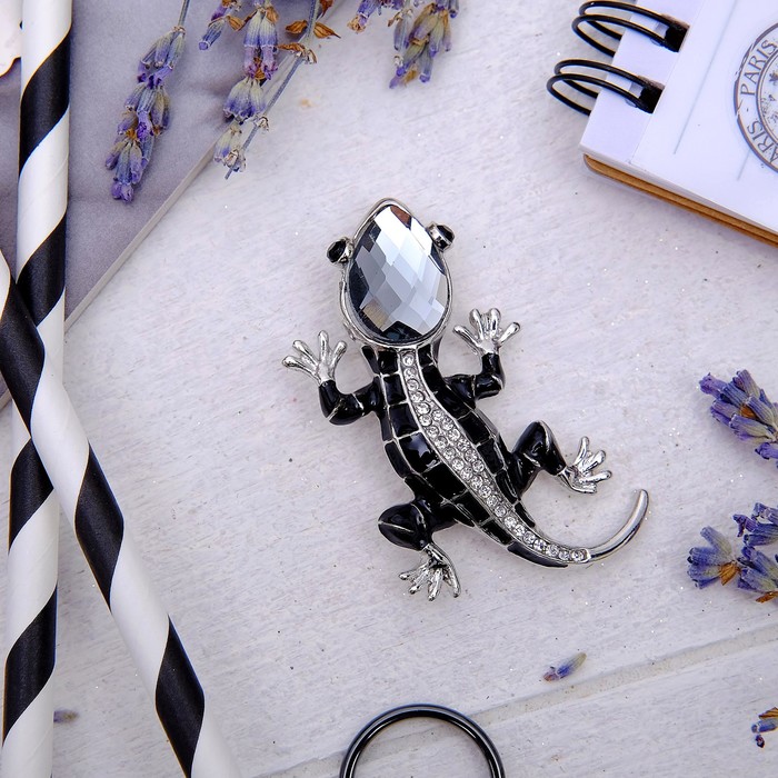 Брошь "Ящерка" головастик, цвет черно-белый