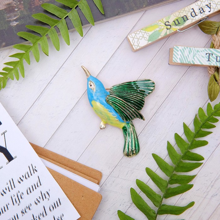 Брошь "Птица" райская, цветная в золоте