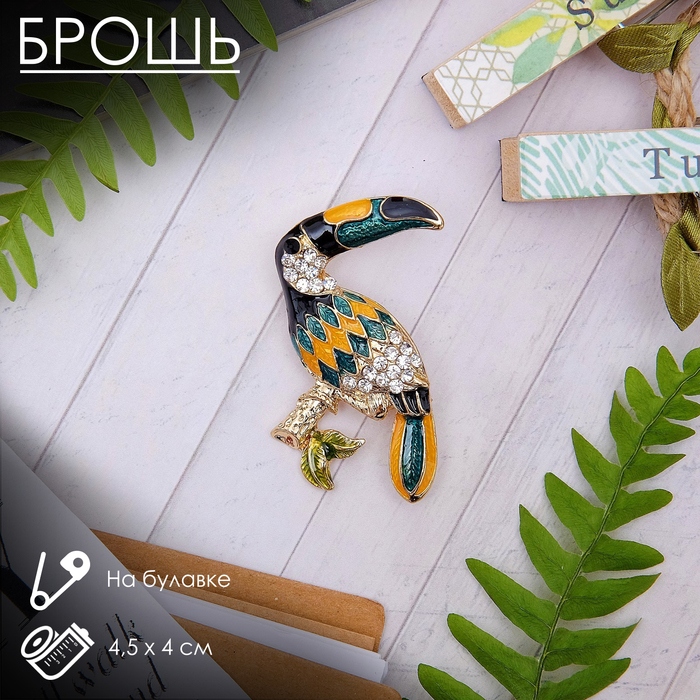 Брошь "Тукан" тропический, цветная в золоте