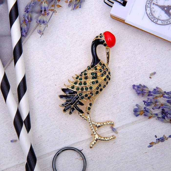 Брошь "Журавль" волшебный, цветная в золоте