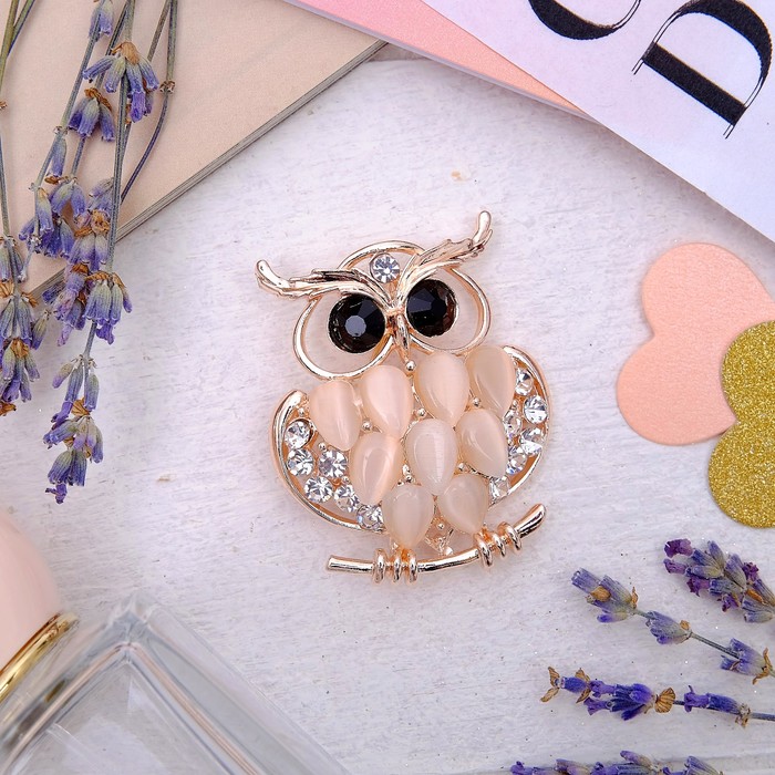 Брошь "Филин" гордый, цвет черно-белый в розовом золоте