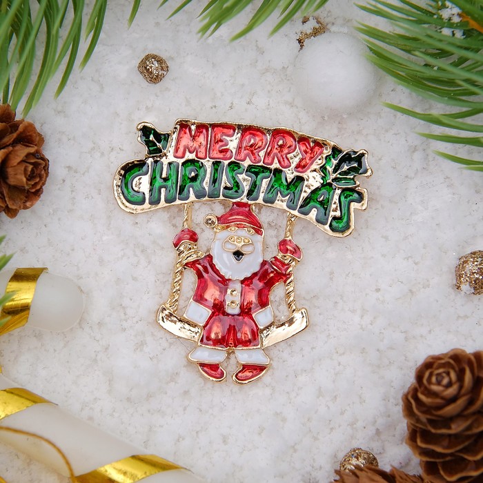 Брошь "Новогодняя сказка" Санта счастливый, цветная в золоте