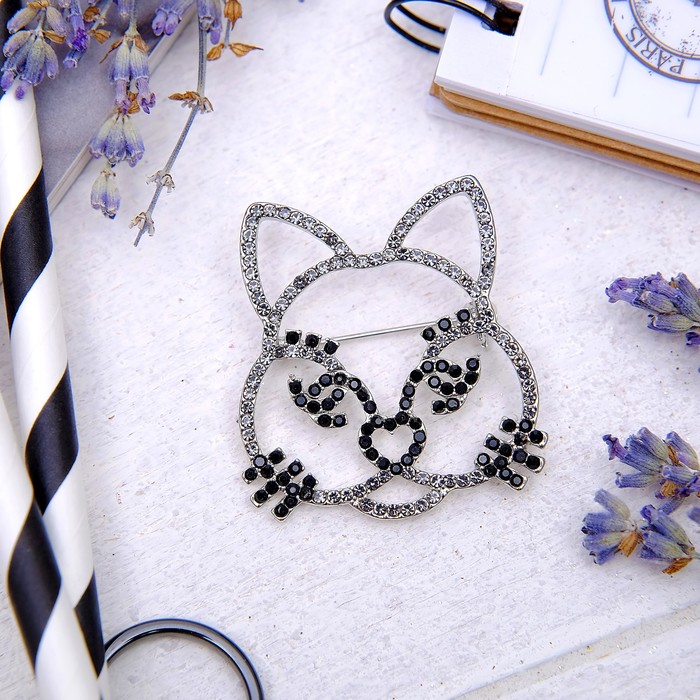 Брошь "Кот Котофей", цвет черно-белый в серебре