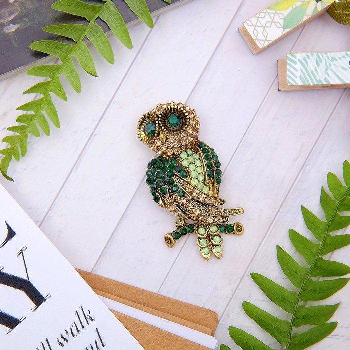 Брошь "Филин лесной", цвет зелено-золотой