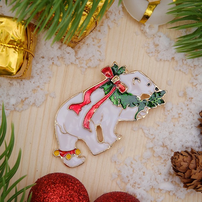 Брошь "Новогодняя сказка" белый медведь, цветная в золоте
