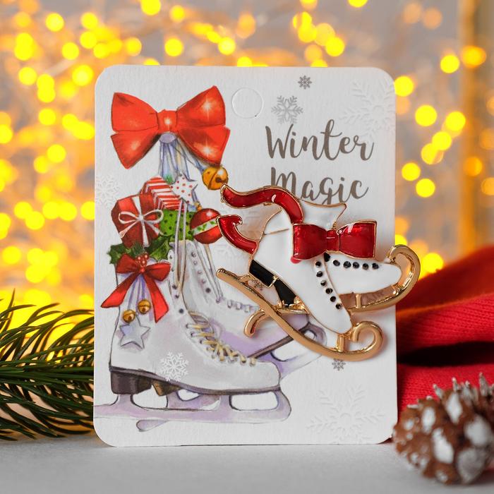 Брошь "Новогодняя сказка" коньки фигурные, цвет красно-белый в золоте