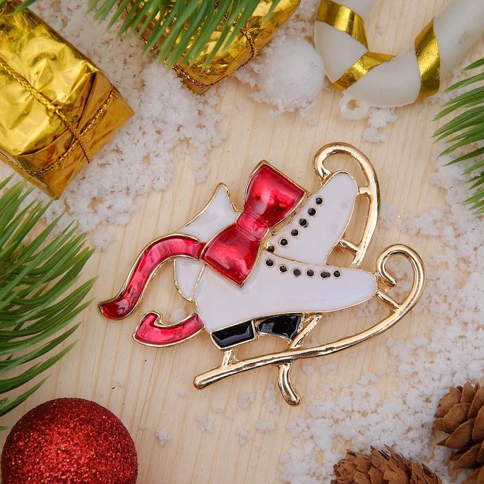 Брошь "Новогодняя сказка" коньки фигурные, цвет красно-белый в золоте