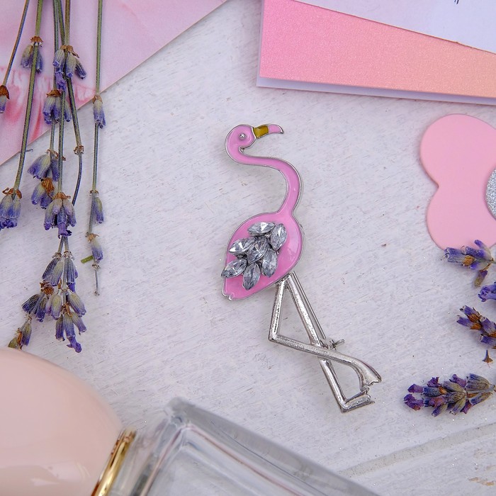 Брошь "Фламинго с красивым крылом", цвет бело-розовый