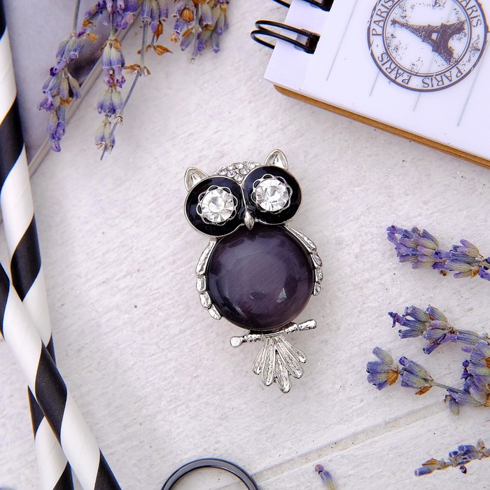 Брошь "Сова круглая", цвет черный в серебре