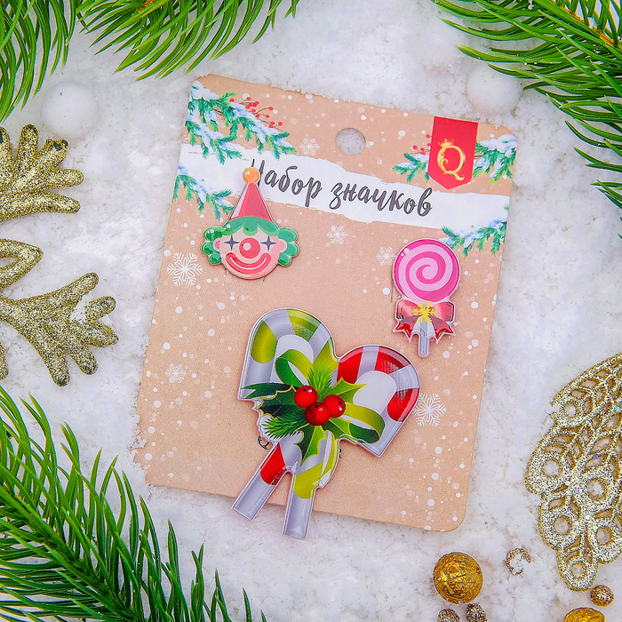 Набор значков "Новогодняя сказка" леденцы сладкие, форма МИКС, цветные