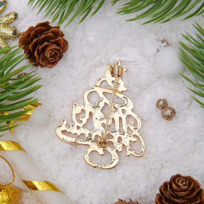 Брошь "Новогодняя сказка" елка счастливого рождества, цвет персиково-зеленый в золоте