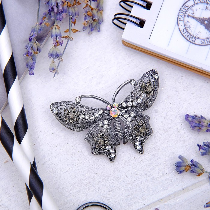 Брошь "Бабочка" в цветок, цвет радужно-чёрный в сером металле