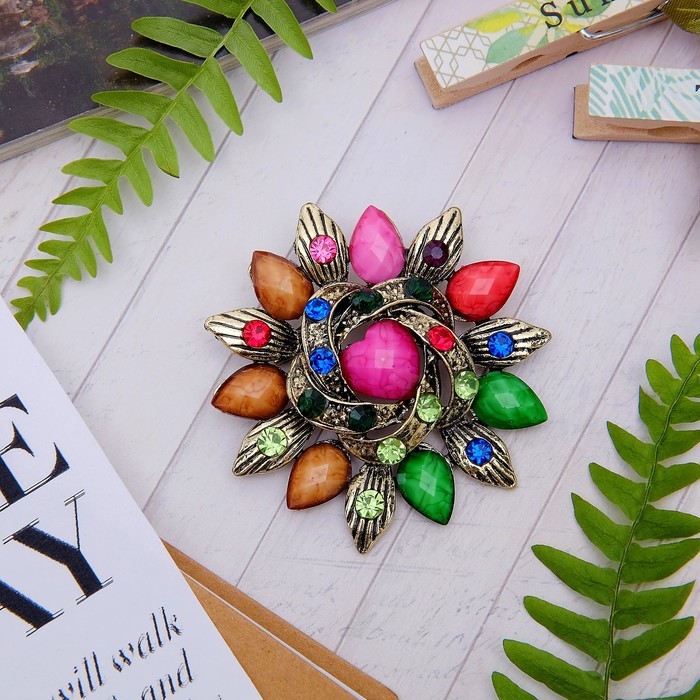 Брошь "Семицветик", цветная в черненом золоте