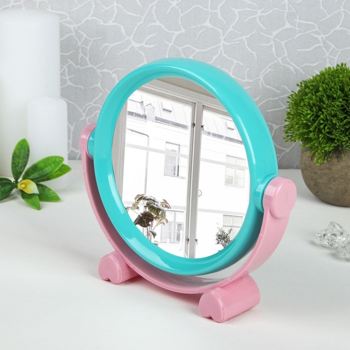 Зеркало на подставке, круглое, зеркальная поверхность-14см, двустороннее, без увеличения, цвет МИКС