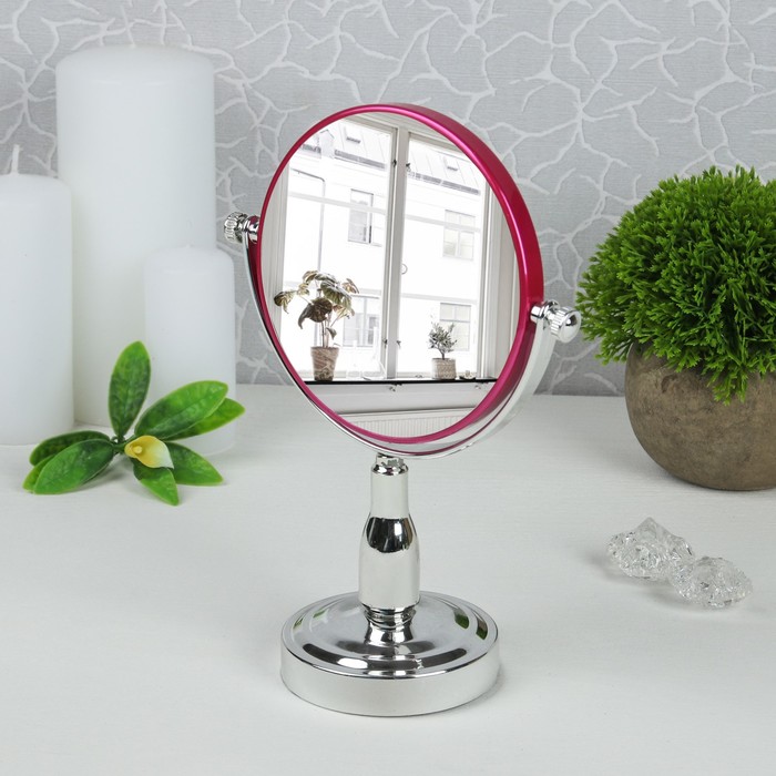 Зеркало на ножке, круглое, двустороннее, с двукратным увеличением, d=11,5см, цвет розовый/голубой