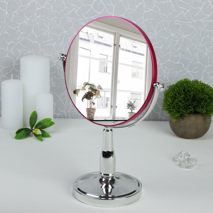Зеркало на ножке, круглое, двустороннее, с двукратным увеличением, d=19,2см, цвет розовый/голубой