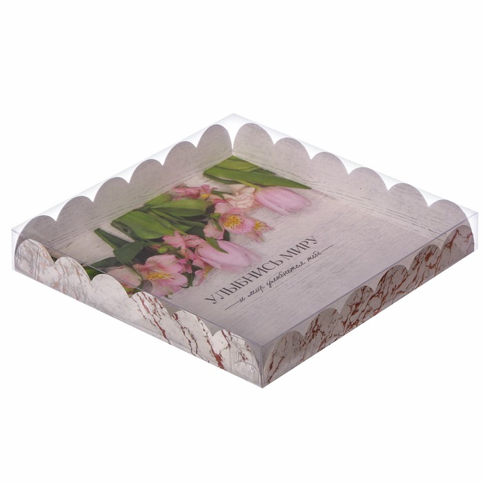 Коробка для печенья, кондитерская упаковка с PVC крышкой, «Улыбнись миру», 21 х 21 х 3 см