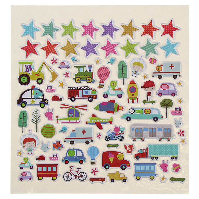 Стикеры-пухляшки + игры и раскраски. Ездим и летаем (+75 пухлых наклеек)