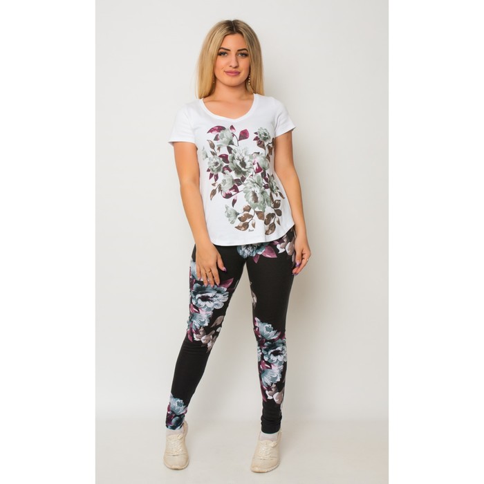 Комплект женский (футболка, брюки), цвет бежевый/чёрный, р-р 48