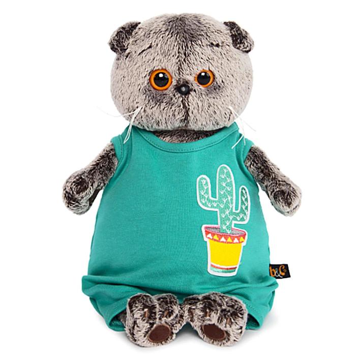 Мягкая игрушка "Басик" в изумрудном комбинезоне с кактусом, 19 см