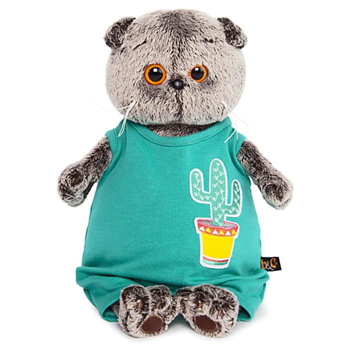 Мягкая игрушка "Басик" в изумрудном комбинезоне с кактусом, 22 см