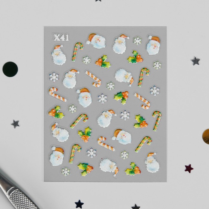Наклейки для ногтей "Дед мороз, палочки"