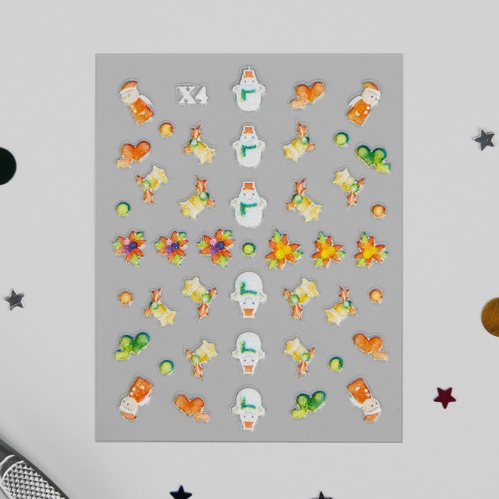 Наклейки для ногтей "Снеговики, колокольчики"