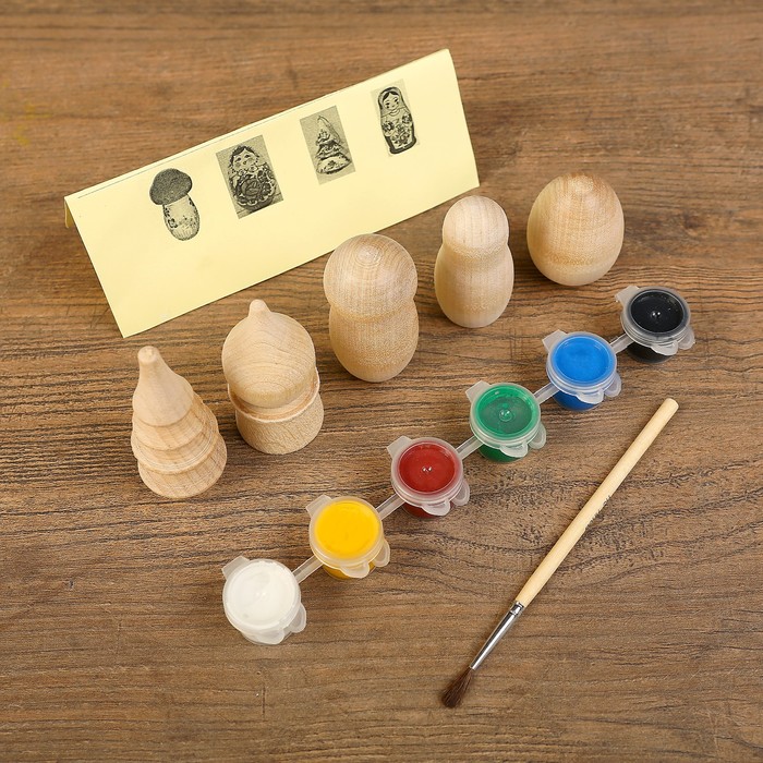 Раскраски "Деревянные фигурки", набор 5 фигурок, краски, кисть