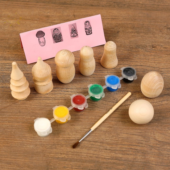 Раскраски "Деревянные фигурки", набор 7 фигурок, краски, кисть
