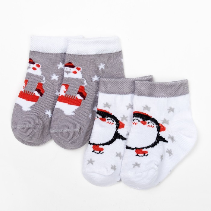 Набор Носки детские 2шт "Пингвин и Мишка" 10-12 см, 9-12 мес, 100% хлопок