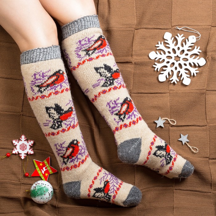 Гольфы (получулки) женские шерстяные "Снегири", цвет песок, размер 23