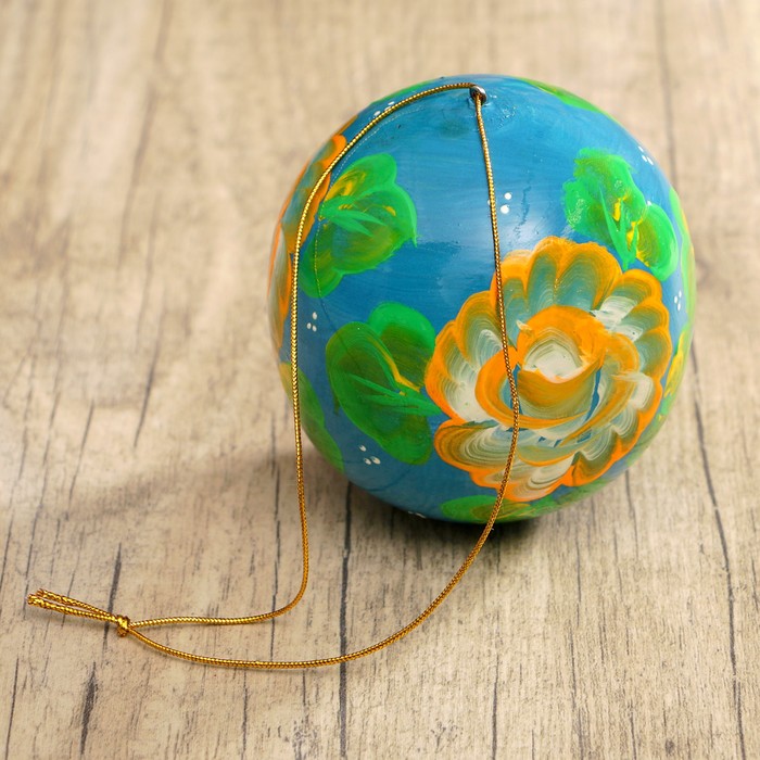 Подвеска новогодняя «Шар», оранжевый цветок, голубой фон, 8 см