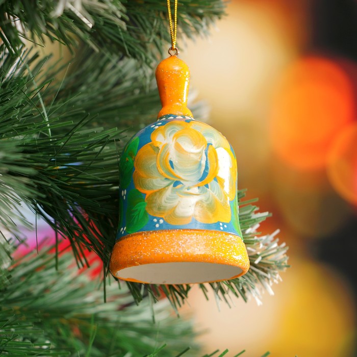 Подвеска новогодняя «Колокольчик», оранжевый цветок, голубой фон, 8 см